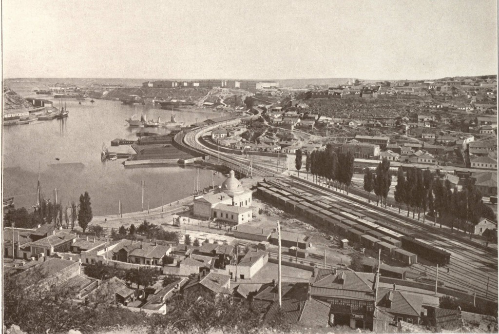 View of Peresyp (Stal Battery was on the site where the Church is seen now), South Bay, and Bomborsky Sloboda from Gribok Battery. On Bomborsky Sloboda' left there are the barracks of the Brest Regiment; more left, by the end of the bay, right coast (white buildings), is the site where the Pavlov Battery was located. Photographs by Colonel Vladislav Klembovsky/Album BATTLEFIELDS OF THE CRIMEAN CAMPAIGN 1854-1855/courtesy of the State Historic Public Library of Russia