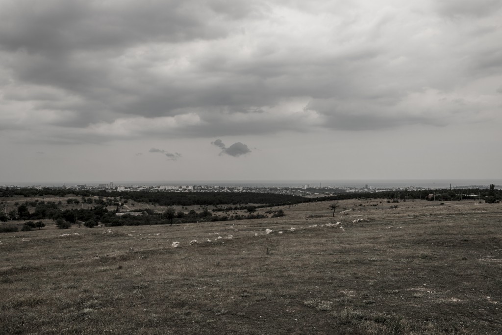 Distant view of Sevastopol from the front of Cathcart's Hill. Inspired by a Roger Fenton's photograph of the Crimean War. Crimea, 19 June 2014.